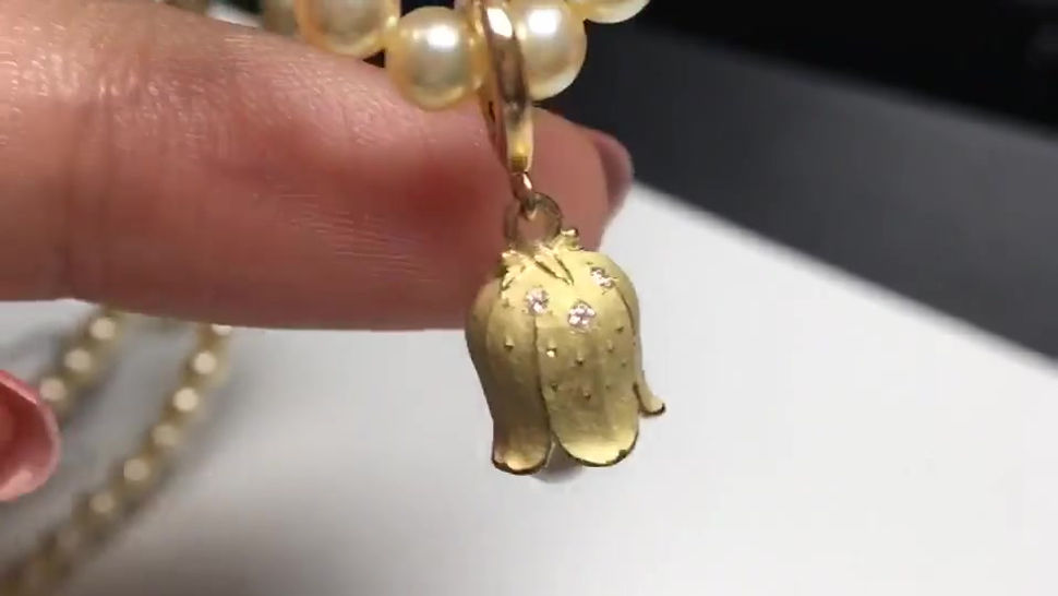 AAAA 4mm Akoya Pearl Happiness Bluebell Pendant, 18k Gold w/ Diamond